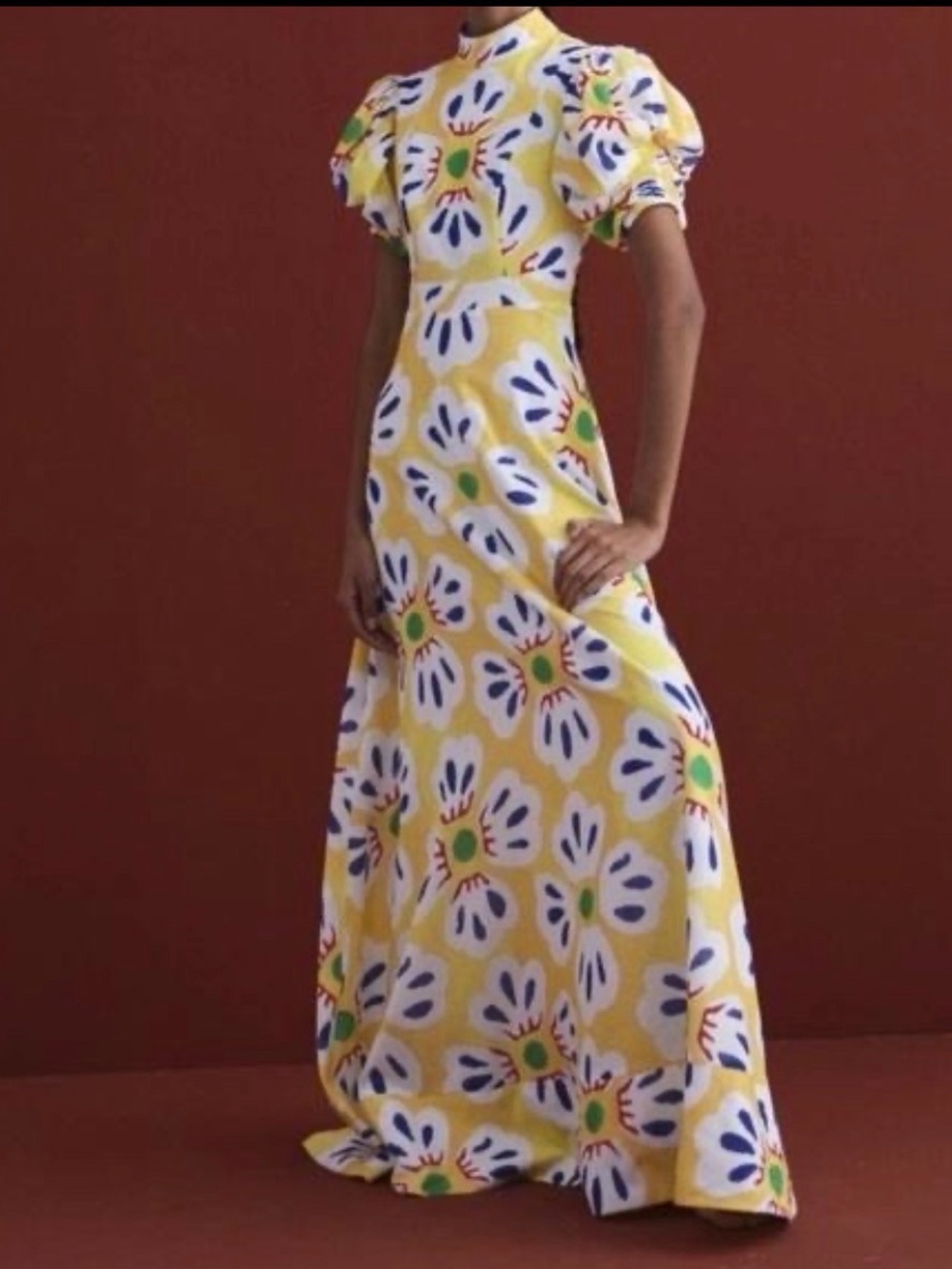 De Loreta - Yellow Floral Puff-Sleeve Maxi Dress